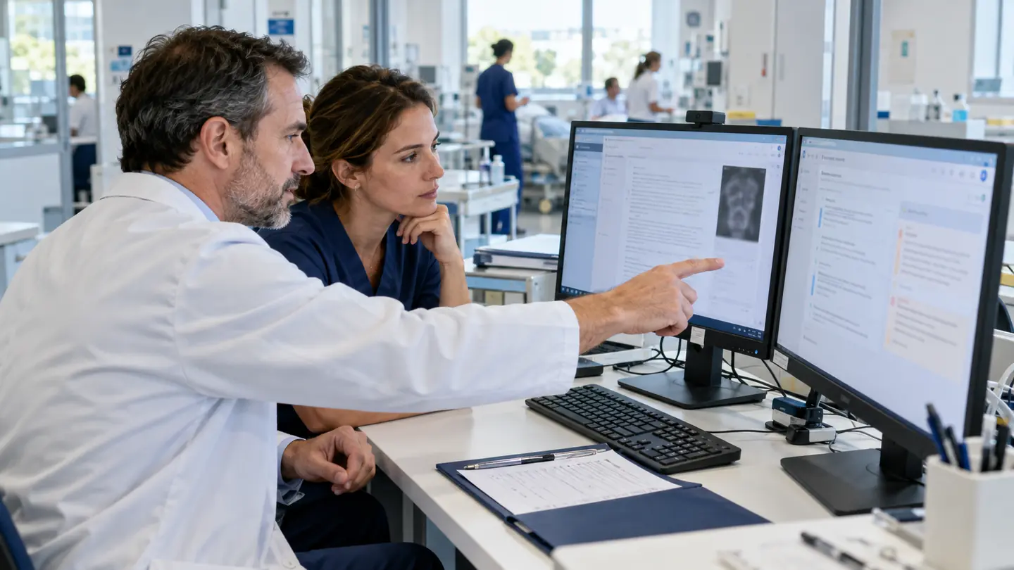 Physician and clinician reviewing a digital clinical record and an assistance interface.