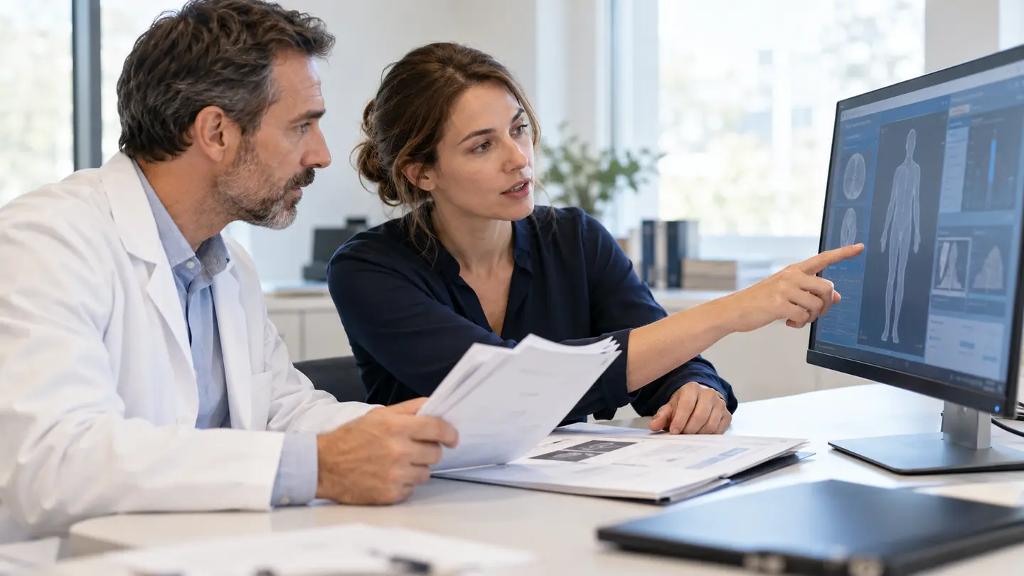 A product team and a healthcare professional examine the intended function of clinical software.