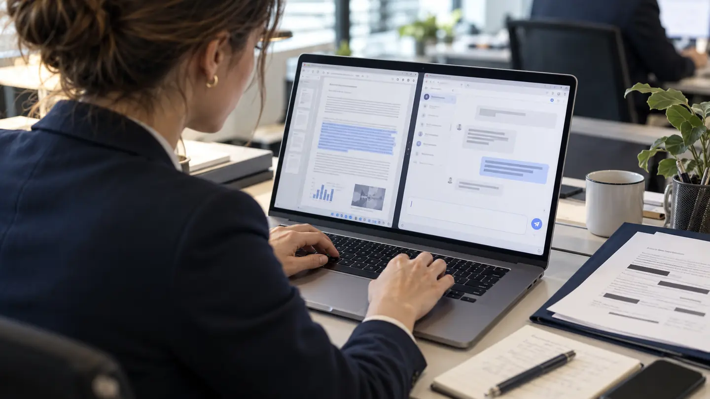 Salariée sélectionnant un passage d’un document interne à côté d’une interface de chatbot IA.